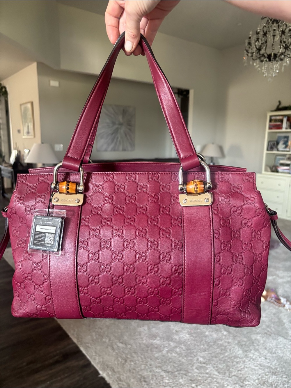 Gucci Wine Red Embossed Leather Satchel with Bamboo Trim Silver HW